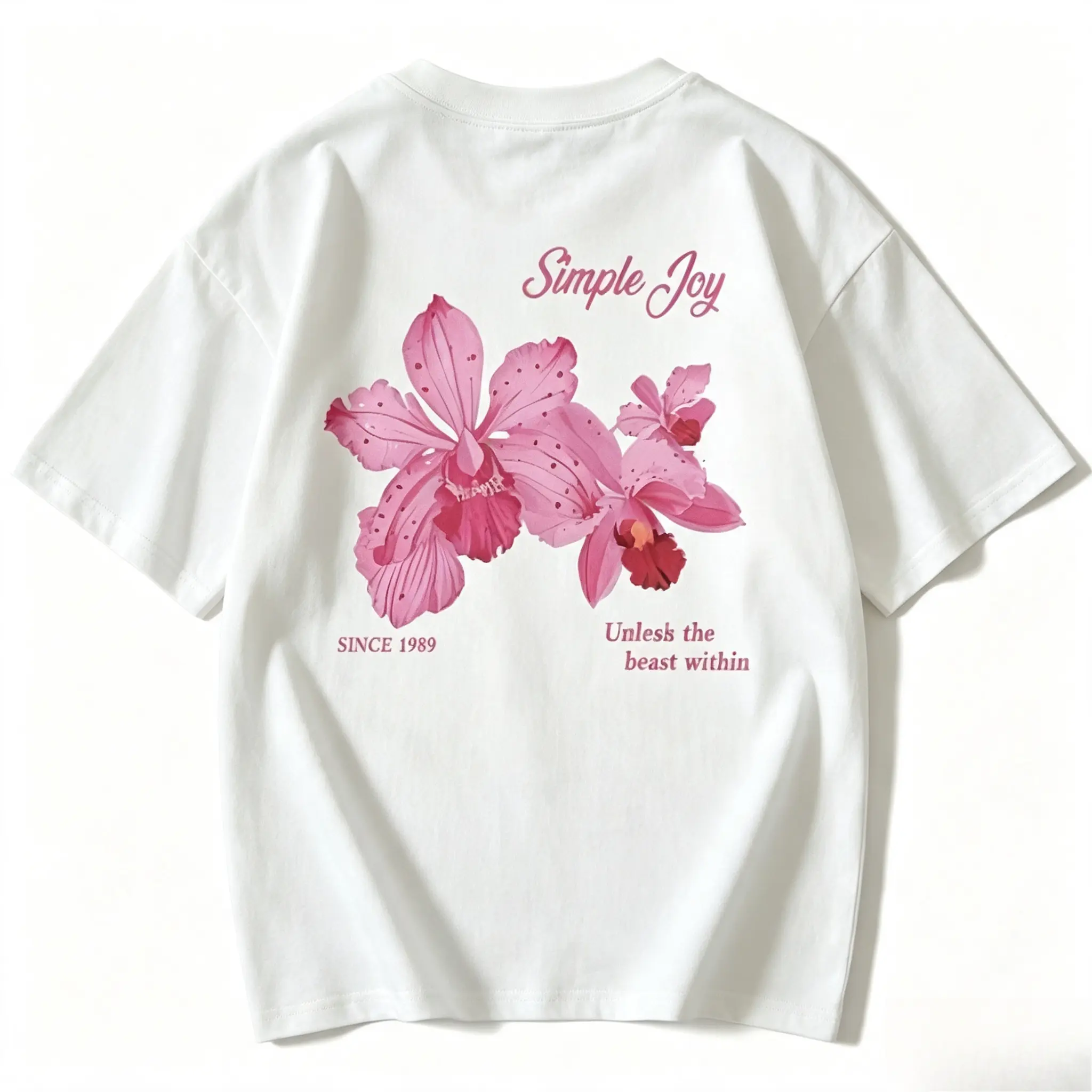 Simple Joy Pink Orchid Back Print Floral Graphic Cotton T-Shirt, Oversized Comfort Fashion Outfit, Cute Flower Casual Top, Great Holiday & Valentine’s Day Gift for Lovers, Family, Friends for Him Her