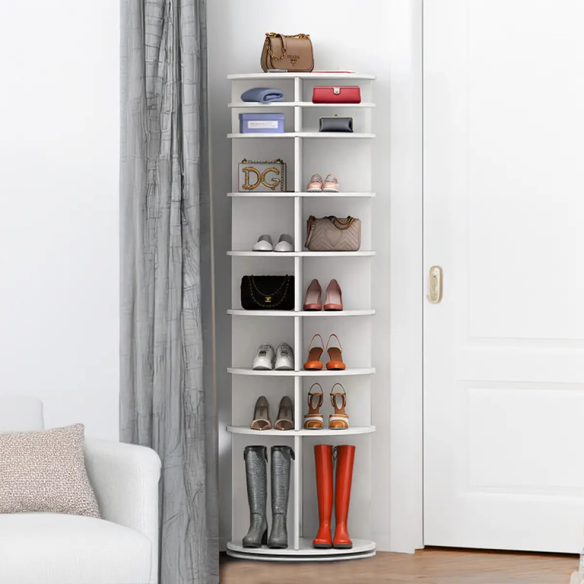 8-Tier 360° Rotating Shoe Rack Tower, White Plastic Spinning Shoe Organizer Carousel, Holds Up to 28 Pairs, Vertical Revolving Shoe Storage Display for Closet Entryway Bedroom