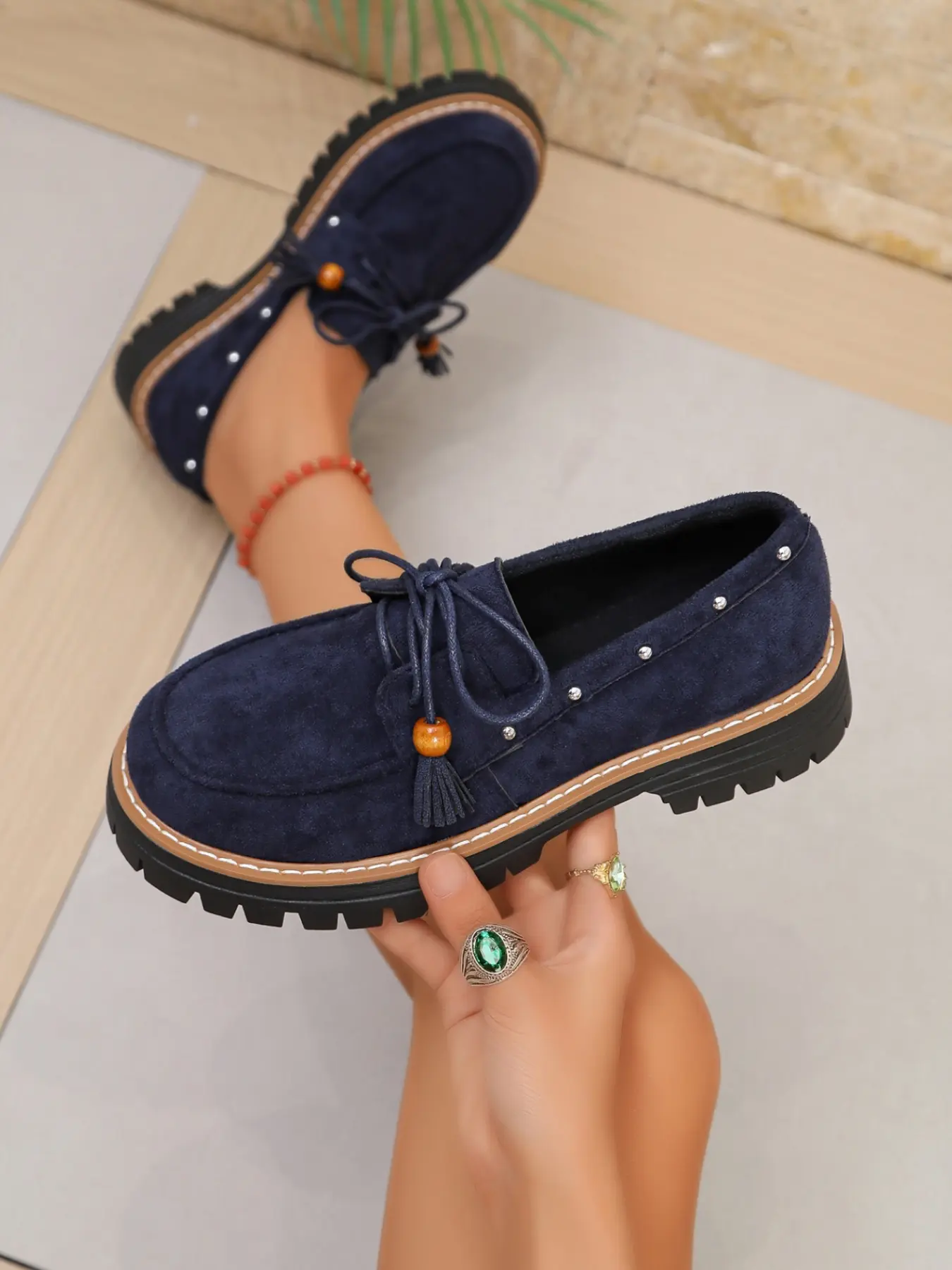 Vintage Frosted Fringe Thick Sole Loafers, Rivet Laces Workwear Sneakers, American Casual Style, Outdoor Anti-Slip Height-Boosting Women's Shoes, Casual Tassel Shoes