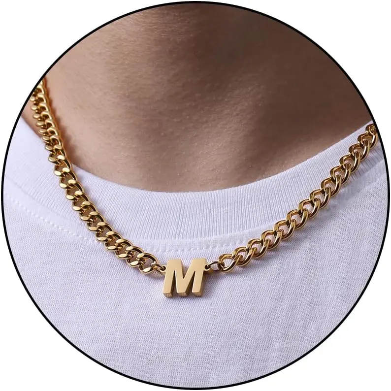 Women's A-Z Initials Cuban Chain Necklace - 6.5mm Stainless Steel Letter Pendant, 18+2in Casual Graduation Gift Jewelry for Men, Chain & Link Design