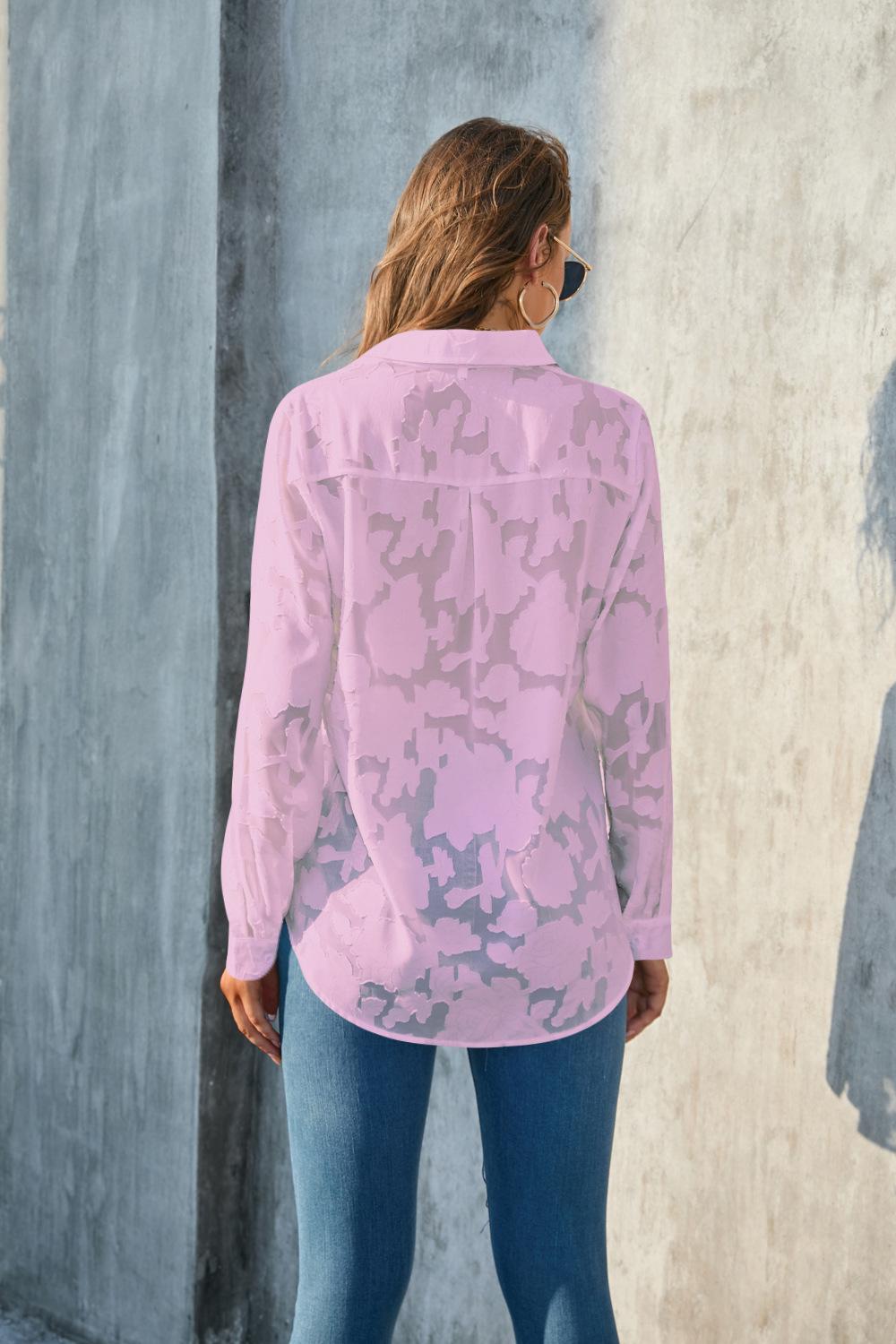 BIGWIG Women's White Elegant Sheer Blouse, Long-Sleeved Jacquard Collar Button-Down Top, Loose-Fitting Shirt, Casual Long-Sleeved Chiffon Blouse, Spring/Summer Outfit