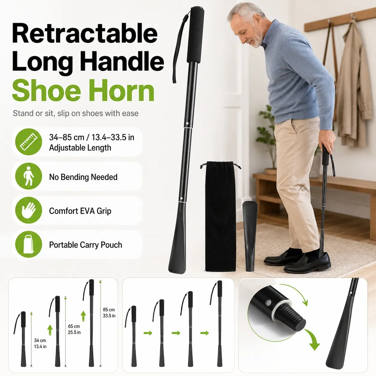 Long Handle Shoe Horn,Adjustable Retractable Shoe Helper with Non Slip Grip Handle,Extended Reach Shoe Spoon Dressing Aid Tool for Easy Hands Free Shoe Wearing,Standing Shoe Horn Support for Seniors,Elderly,Pregnant Women,Home Daily Use, No Bending Needed