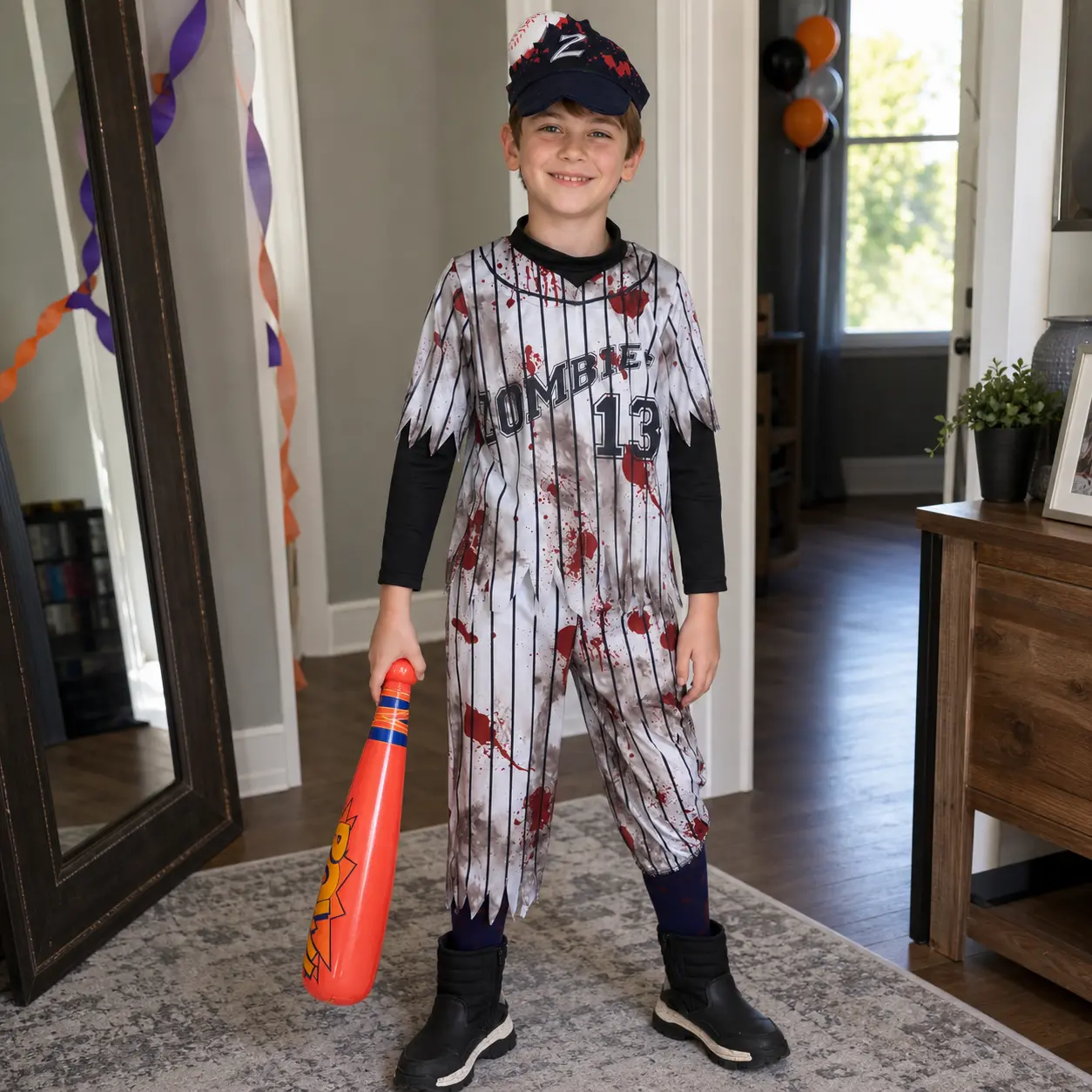 Boys' Polyester Zombie Baseball Costume, Halloween Cosplay Outfit with Red Bloodstain Print and Striped Design for Performance Events