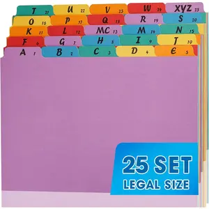 Rainbow A-Z Alphabetic & Number Top Label File Dividers, 1 Set Legal Size 25 Sheets 1/5 Cut Desk Organizer for Office & School