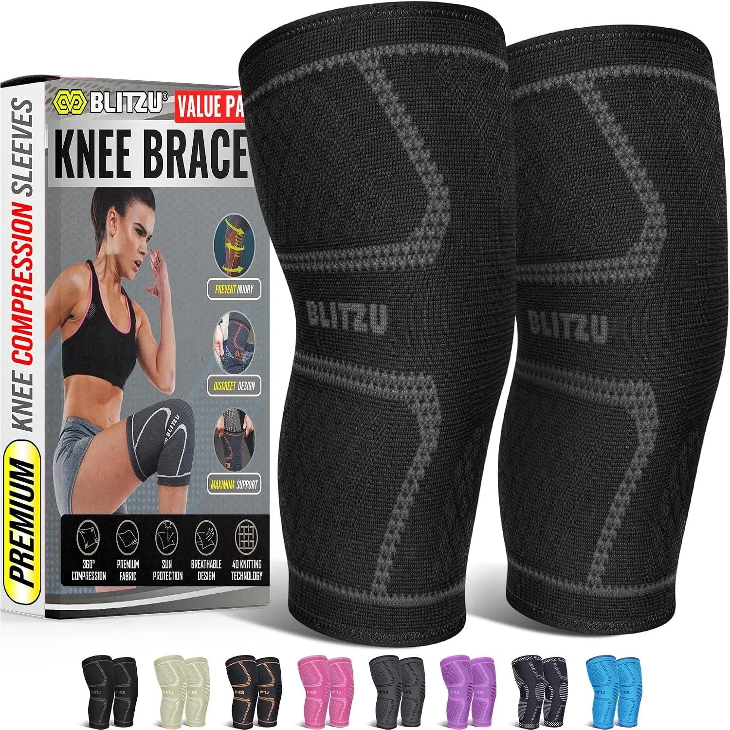 2 Pack Knee Brace for Meniscus Tear, Knee Compression Sleeve for Men and Women, Knee Support for Arthritis Swelling Inflammation ACL Pain Relief Running Workout Sports Recovery Black L