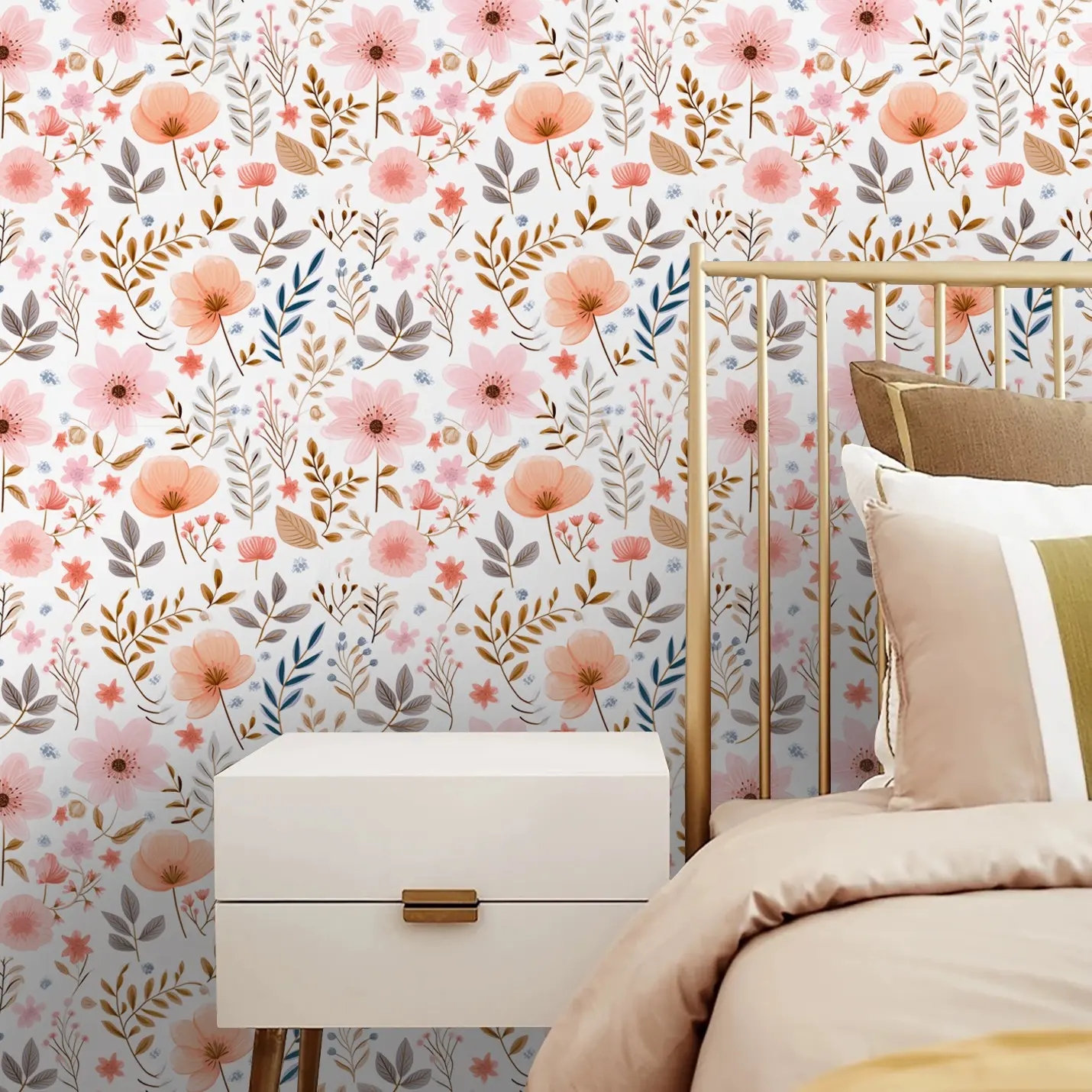 Watercolor Floral Self-Adhesive Peel and Stick Wallpaper, Waterproof Decorative Mould-Proof Wall Decal for Living Room and Bedroom, Bohemian Boho Aesthetic Home Renovation, Anti Mould Wallpaper