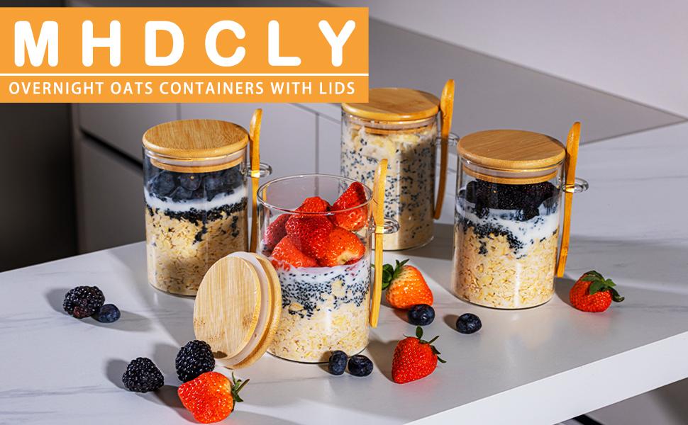 Overnight Oats Containers with Lids,16oz Overnight Oats Jars 4 Pack, Oatmeal Cups,Meal Prep Containers,Glass Meal Prep Containers with Lids,China Pudding Jars