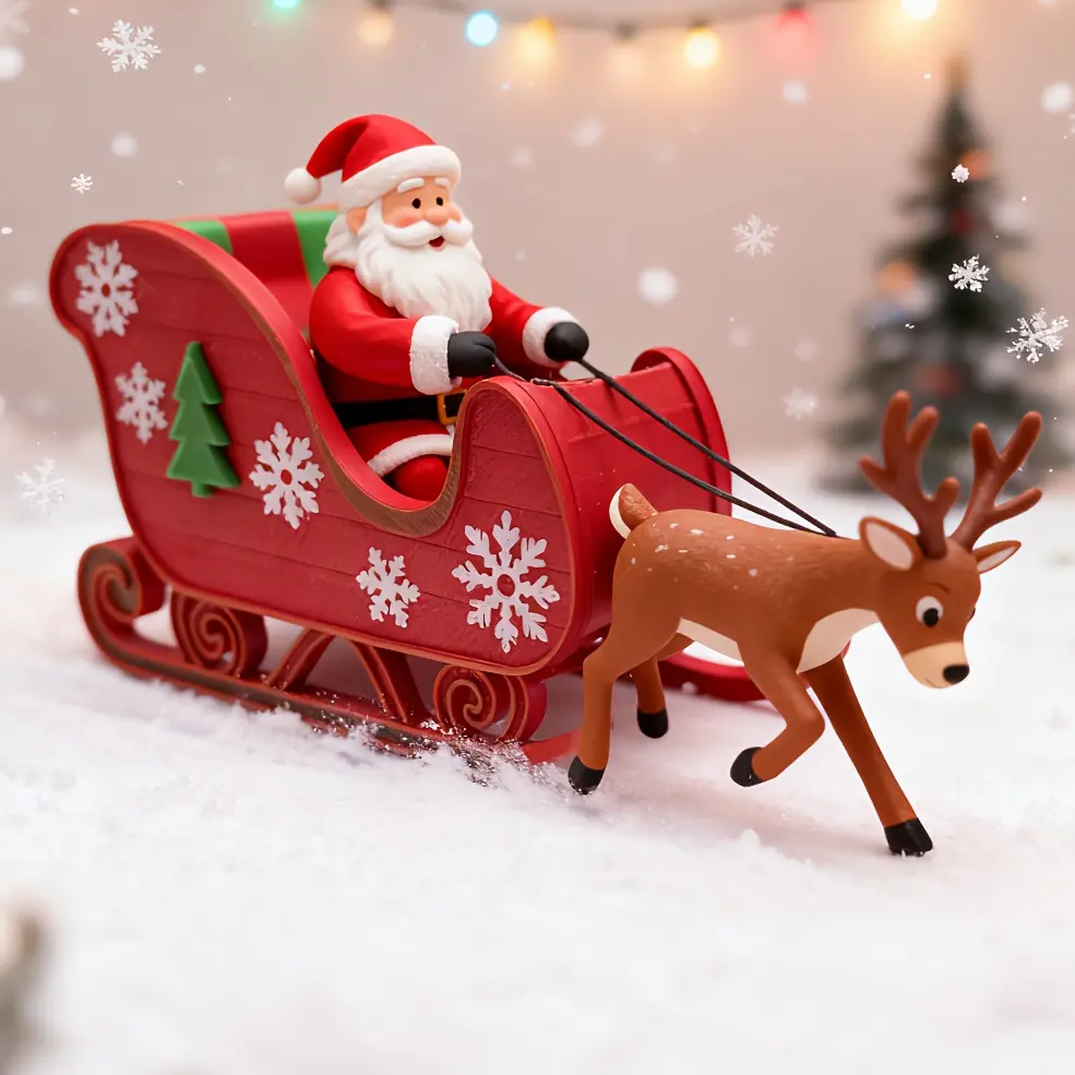 A 3D printed Christmas sleigh figurine, available in various colors. The sleigh can hold some  gifts inside. An ideal decorative gift for Christmas.