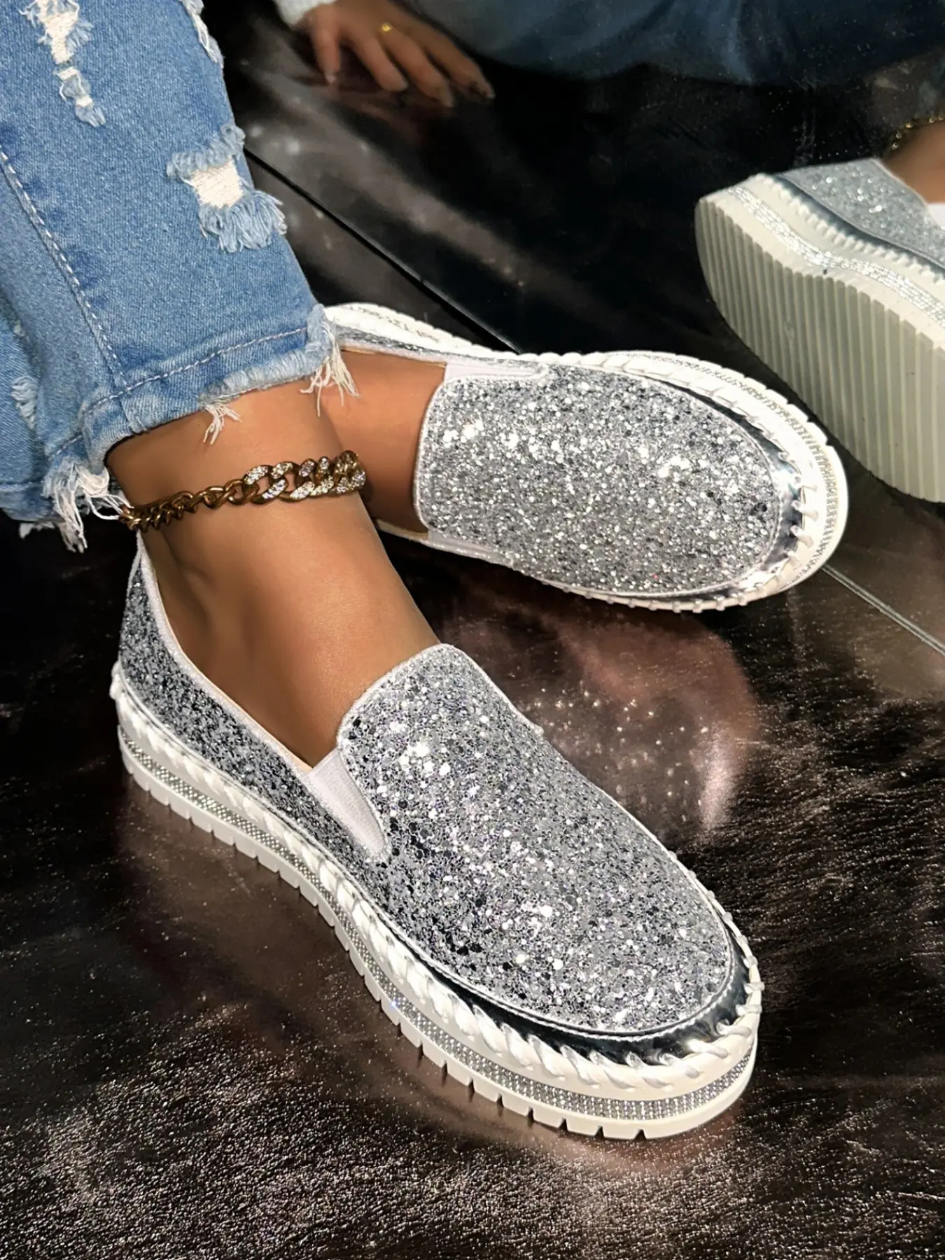 Women's Thick Sole Flatform Loafers, Four Colors Full Rhinestone Sequins, Lazy One-Step On, Chunky Edge, Platform Fisherman Shoes