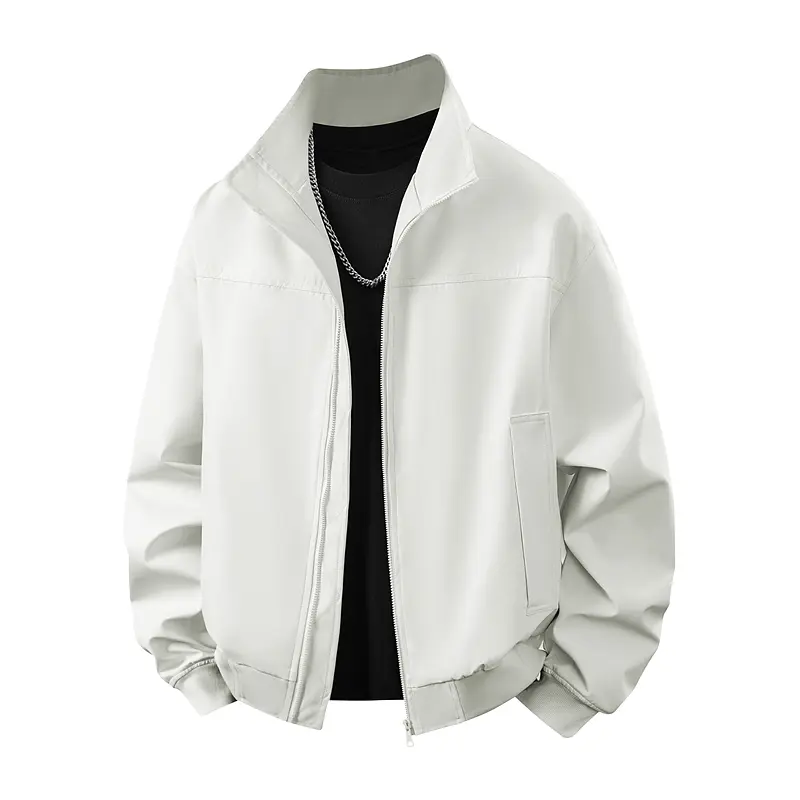 Men's Minimalist Flight Jacket with Smooth Shell, Casual Long Sleeve Streetwear Top with Stand-Up Collar and Metallic Zipper, Tops, Fashion, Menswear, Elastic Cuffs, Machine Wash, Coats, Hem, Straight, Soft, Drape, Aesthetic