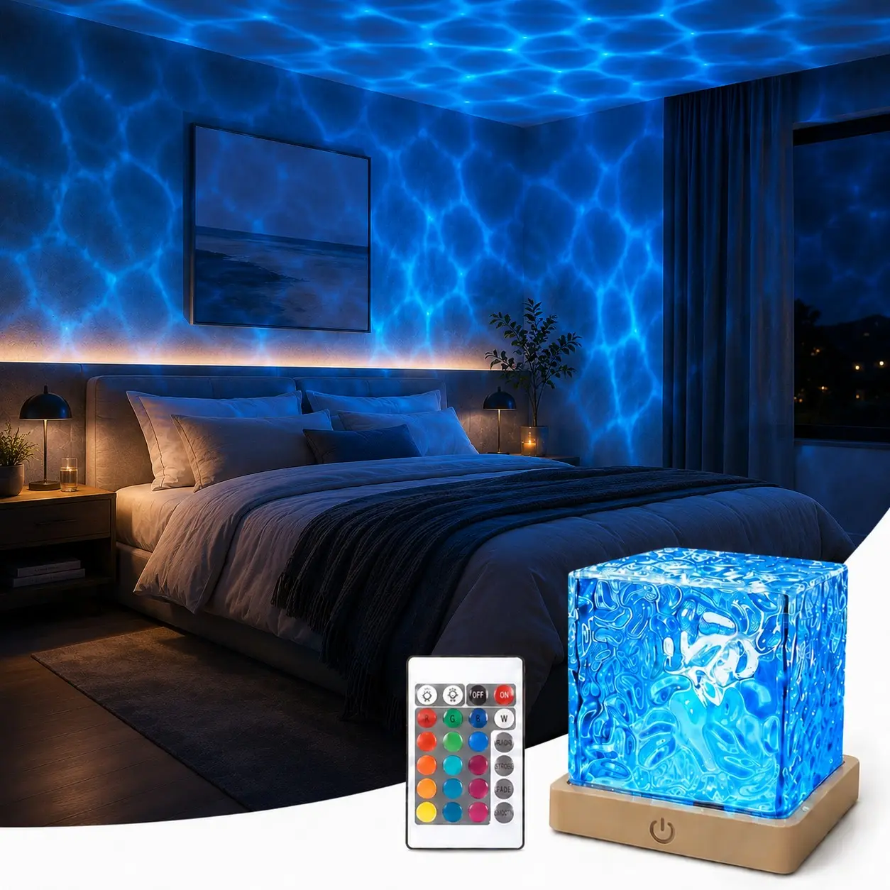 Rechargeable Water Ripple Projector Lamp, 16 Color Cordless Ocean Wave Night Light with Remote Control, Adjustable Mood Lighting for Bedroom Decor