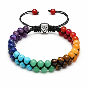 7 Chakra Inspired Multicolor Bead  for Women and Men, Adjustable Macrame Cord  with OM Symbol, Boho Yoga Meditation Jewelry, Unisex Gift