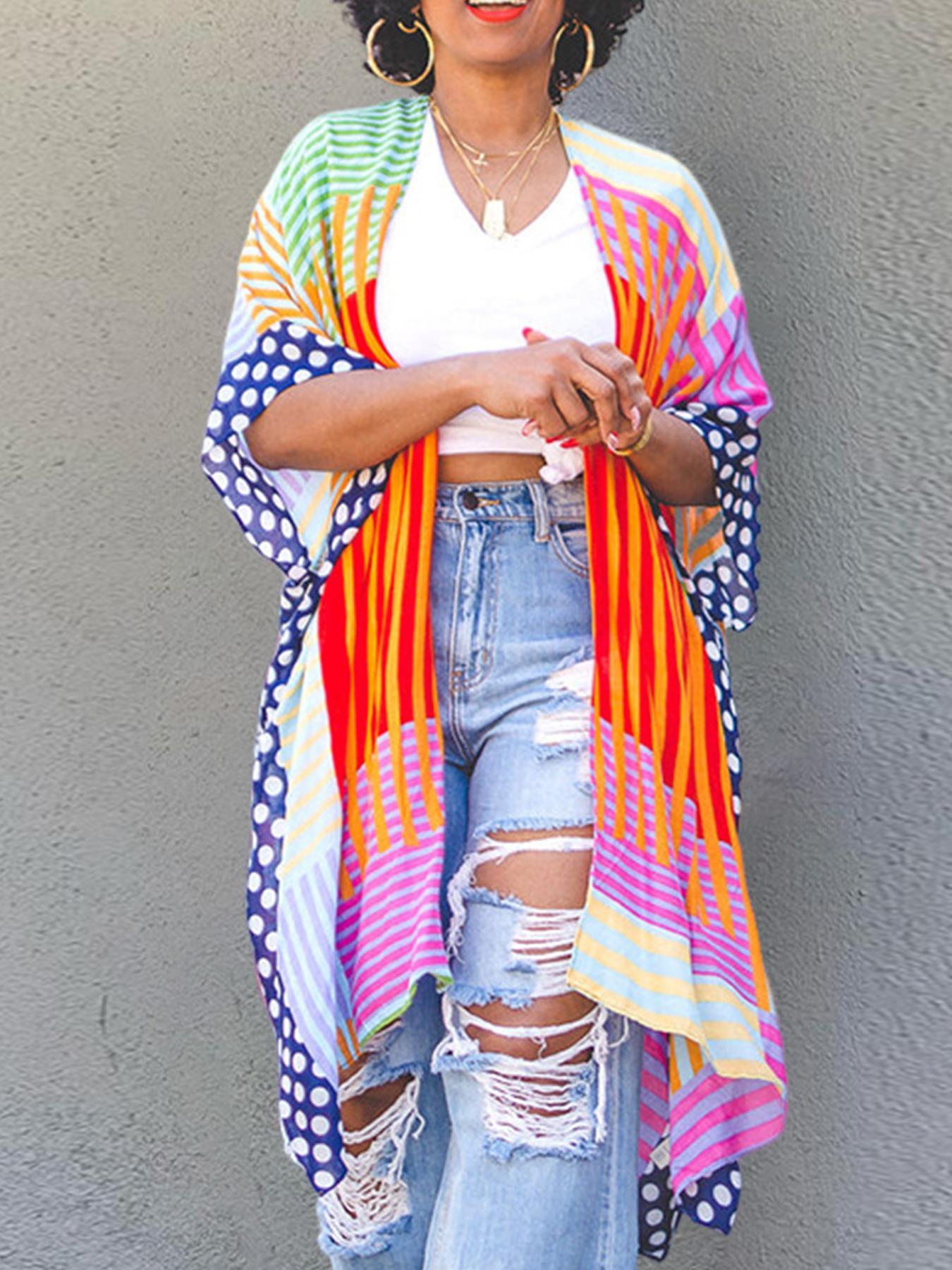 Women's All Over Striped Print Split Hem Batwing Sleeve Kimono, Loose Casual Half Sleeve Open Front Outerwear for Daily Wear, Coats for Women, Ladies Clothes for All Seasons, Baggy Womenswear