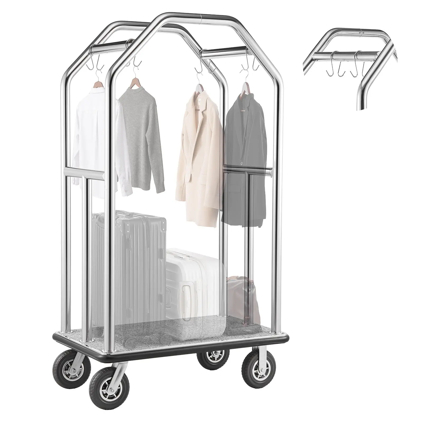 VEVOR Heavy-Duty Bellman Luggage Cart, 1500 lbs Capacity Stainless Steel Frame, 8 in Rubber Wheels, Gray Carpeted Deck, Anti-Wobble Design, 42.5 x 25.2 x 73.6 in, 85.8 lbs Commercial Carrier for Hotels,Apartments,Silver