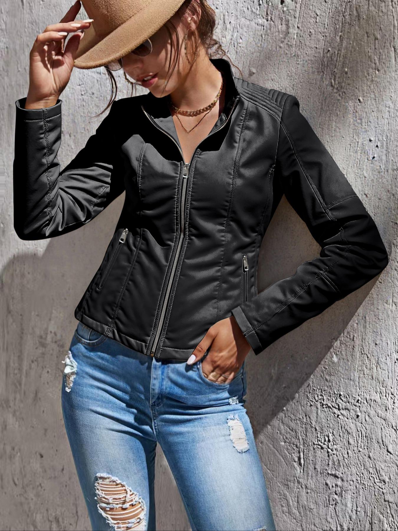 Women's Spring PU Motorcycle Jacket, Fitted Long Sleeve Zipper Pocket Commuter Streetwear, Casual Short Windproof Leather Coat