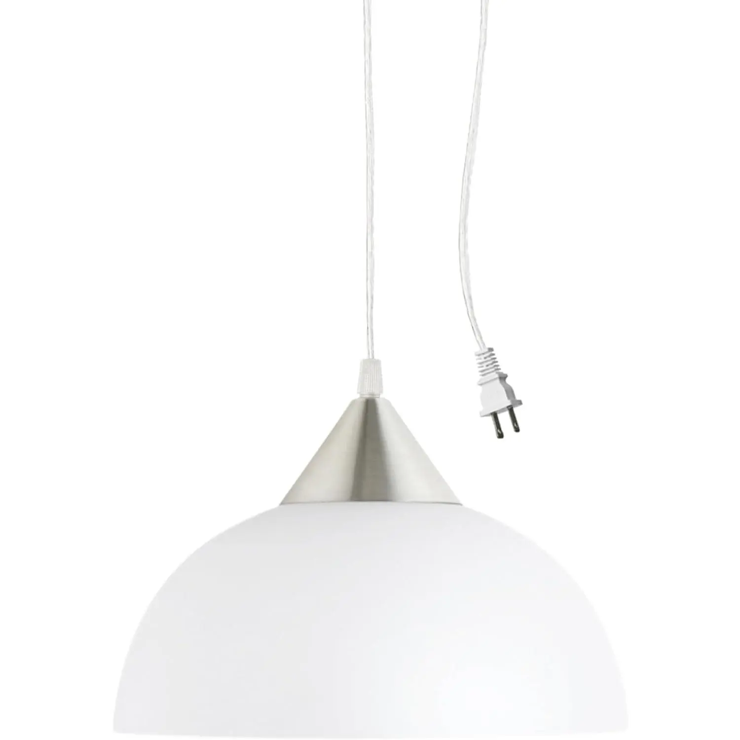 64413 1-Light Plug-in Pendant Lamp, Brushed Steel, Frosted White Shade, 15ft Adjustable Cord, In-Line On/Off Switch, E26 Base Socket, Dimmable Indoor Pendant Lamp for Kitchen Island, Modern Homes
