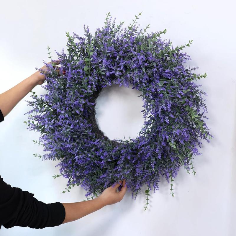 26" Lavender & Eucalyptus Wreath for Front Door, Porch, Window - Large Artificial Greenery Outdoor Wreath for Home, Farmhouse Decor - Spring, Summer, Fall, All Seasons (Purple)