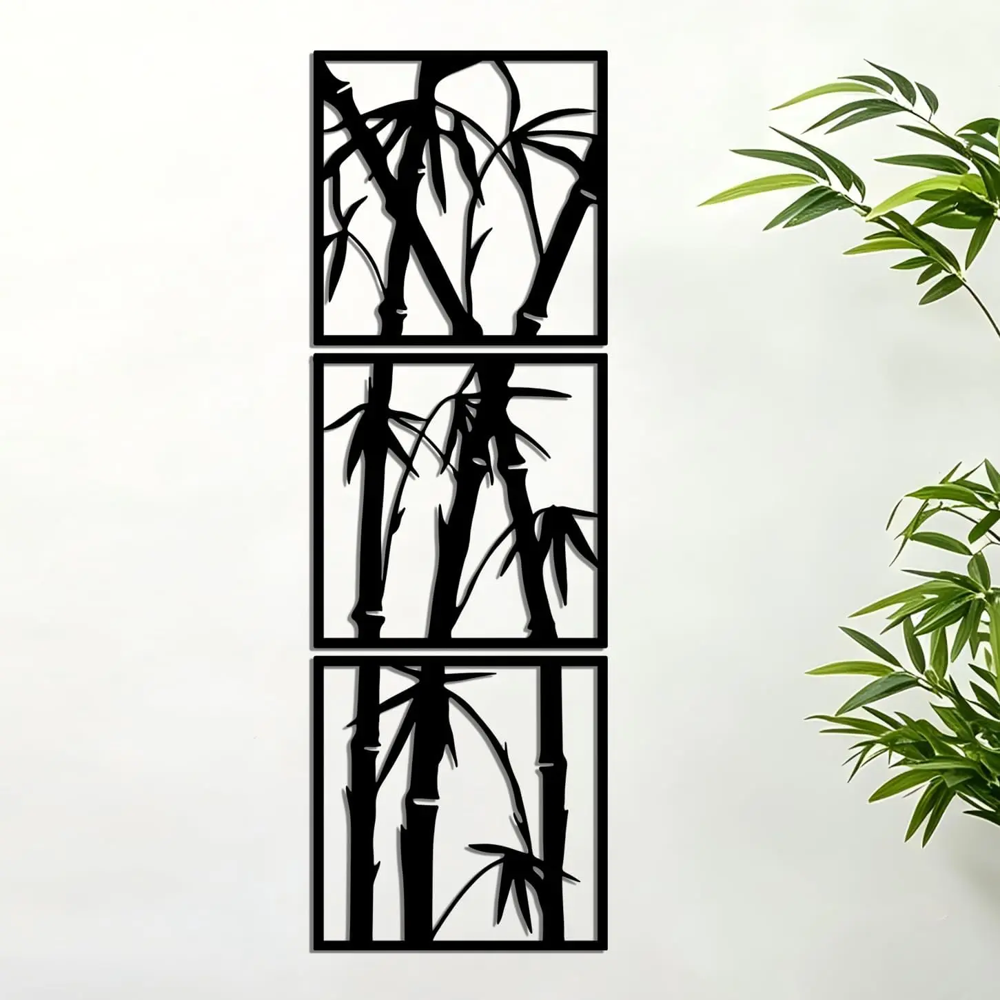 ELENWYNN 3-Piece Metal Bamboo Wall Decor Set, Artistic Bohemian Botanical Paintings with Frames, Modern Asian-Style Tree Sculpture Hanging for Living Rooms, Bedrooms