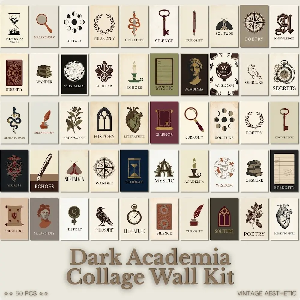 Dark Academia Room Decor, 50Pcs 4x6" Aesthetic Wall Collage Kit, Vintage Posters for Dorm/Study