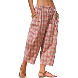 Womens Cotton Faux Linen Gingham Barrel Capri Pants Plaid Palazzo Trousers Harem Pants Pockets Summer Beach Vacation