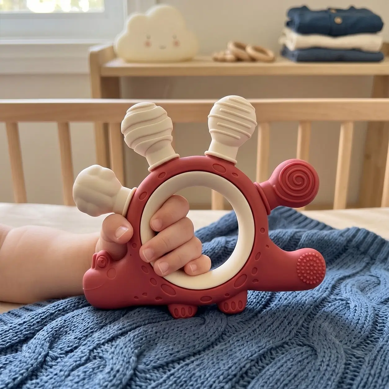 Dinosaur Baby Teether for 3-12 Months, Silicone Ring Teething Toy, Easy Grip Sensory Gum Relief, Safe Dental Gel for Infants