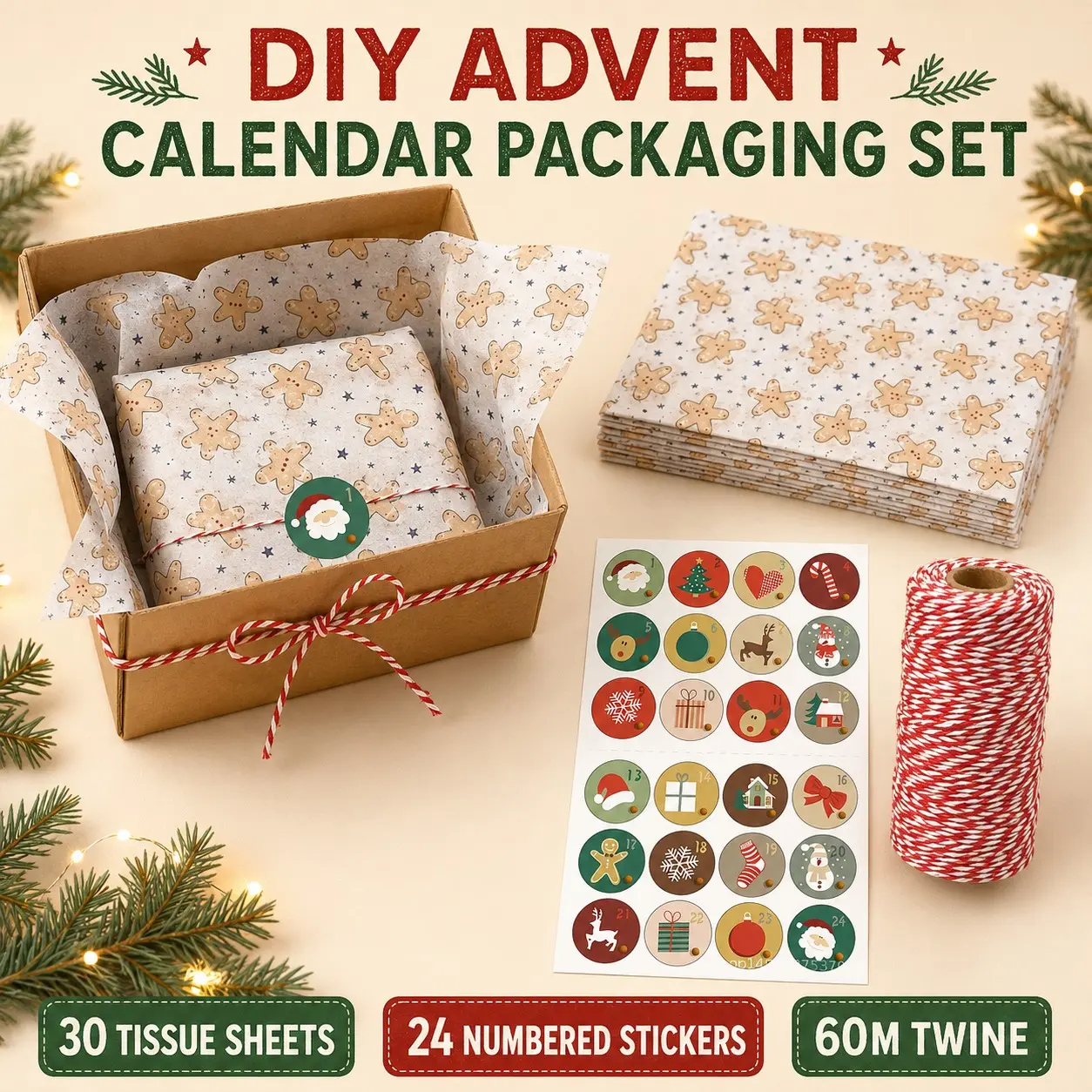 Christmas Gift Box Packaging Set, 30 Gingerbread Tissue Papers, 24 Advent Calendars, 60m Baker’s Twine, Holiday Wrap Essentials