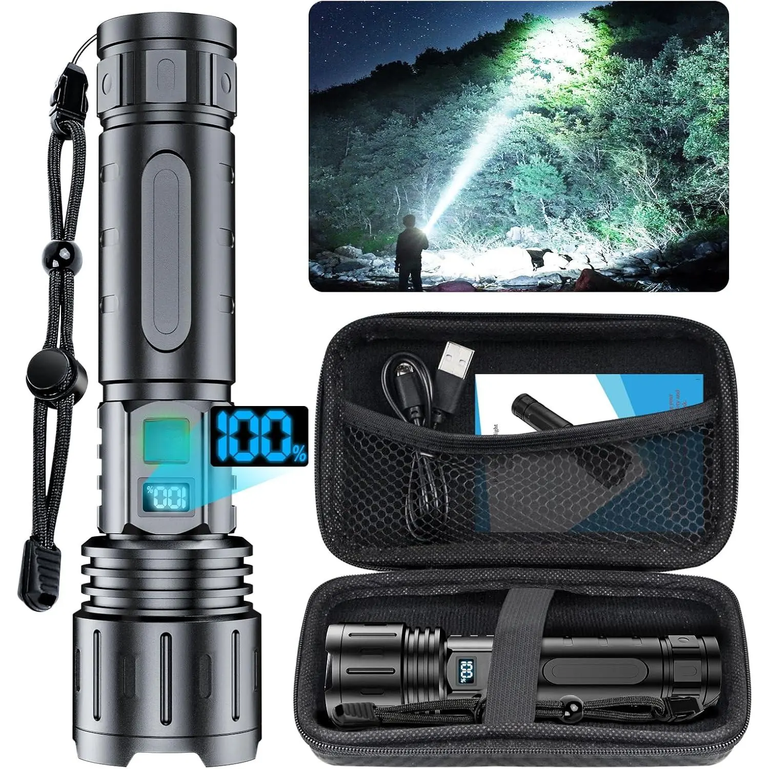 Flashlights High Lumens Rechargeable - 2000 Lumens Long Beam Super Bright LED Flash Light with Power Display & IPX5 Waterproof  Camping, 20H Runtime,5 Modes,Zoomable Handheld Flashlight