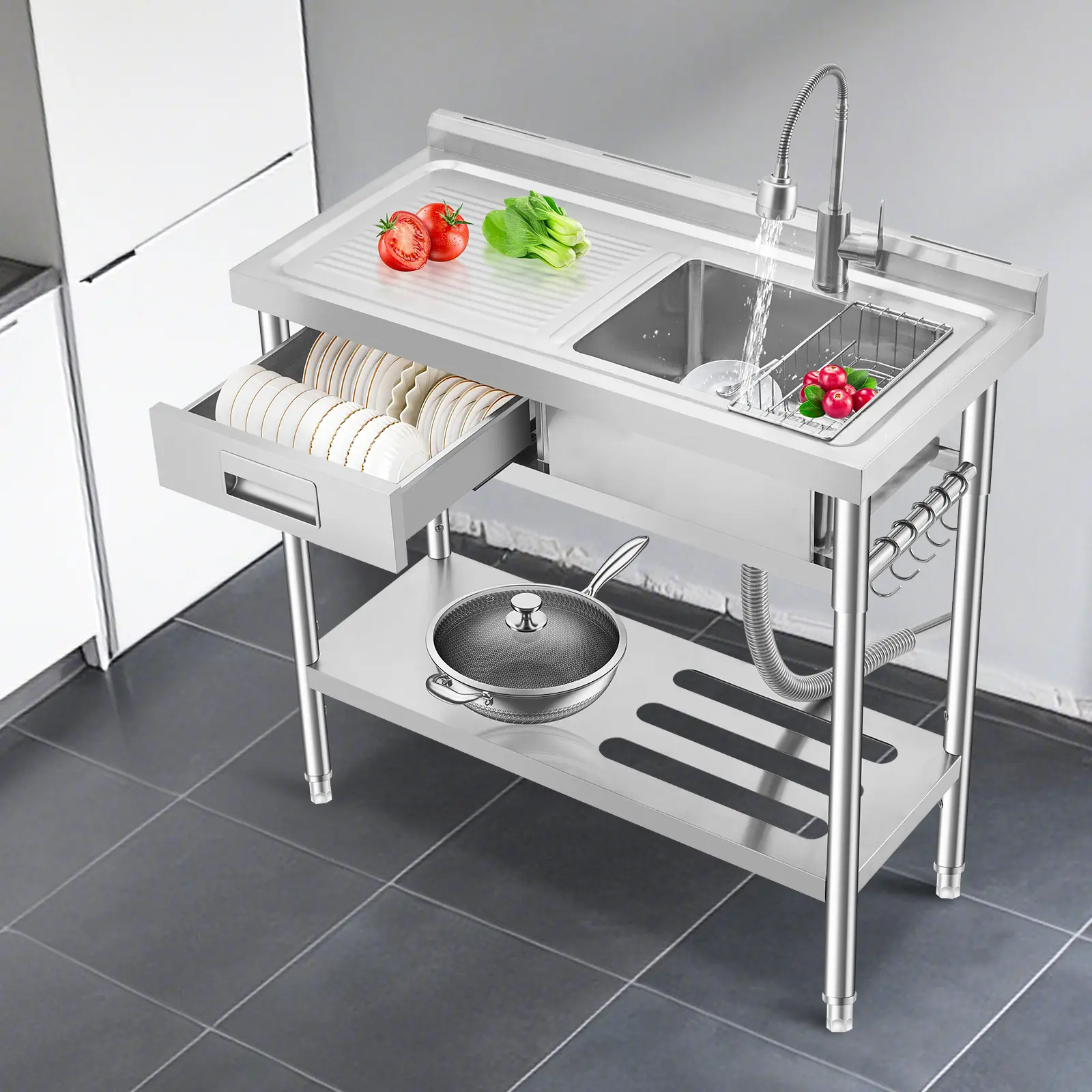 Heavy Duty 304 Stainless Steel Kitchen basin – Freestanding Utility Basin with Deep Removable Basket Strainer, Storage Drawer, Adjustable Shelf, 360° Pull-Out Hot/Cold Faucet – Versatile for Kitchen, Laundry, Garage, Outdoor Bar, Commercial Use