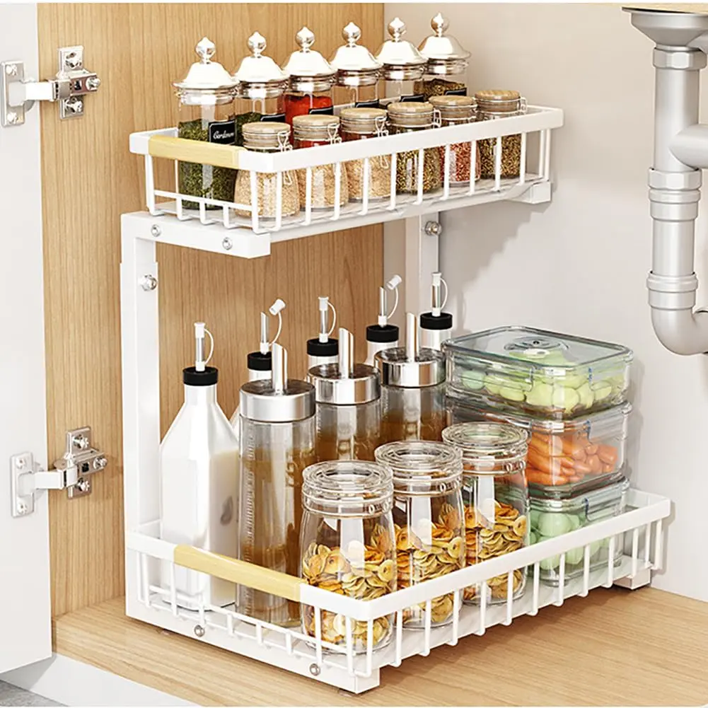 2-Tier Under Sink Organizer Pull Out Cabinet Storage, Adjustable Height 16.5-19.2 inch, Heavy Duty Carbon Steel Under Cabinet Kitchen Bathroom Organizer with Non-Slip Suction Cups
