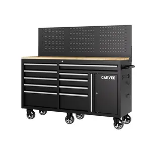 60 Inch Rolling Tool Chest Cabinet – 10 Drawer Tool Box with Pegboard & Lock, Mobile Garage Storage Organizer with Charging Station – Heavy Duty Workbench for Workshop, Black Tool Cabinet