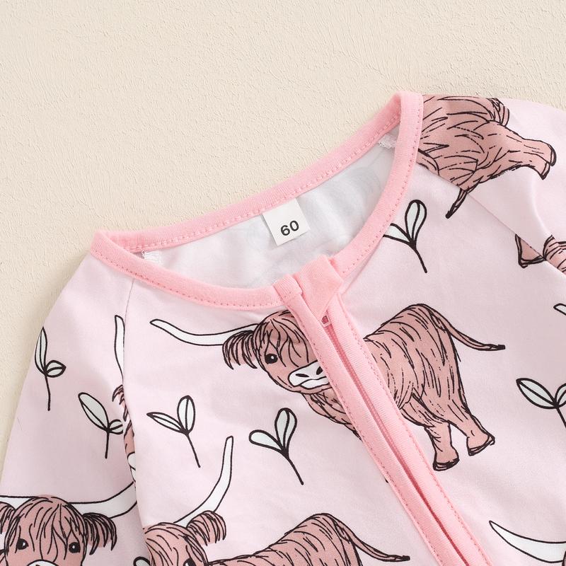 Country Baby Clothes Boy Girl Western Highland Cow Print Long Sleeve Romper Zipper  Jumpsuit Spring Fall Outfit 0-12M