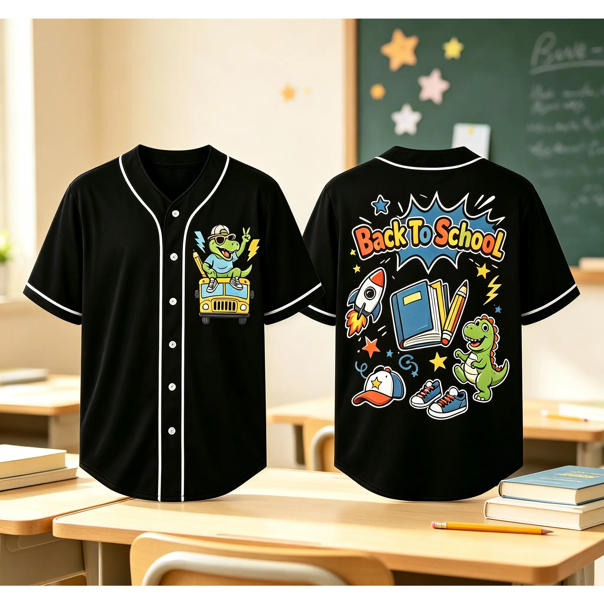 Contrast White Trim Baseball Jersey Shirt,  Multiple Styles Available With School Bus, Dinosaur, Backpack, Skateboard, Retro Sticker Double Sided Prints, Back To School Season Casual Streetwear Baseball Tee #   TikTokMadeMeBuyIt