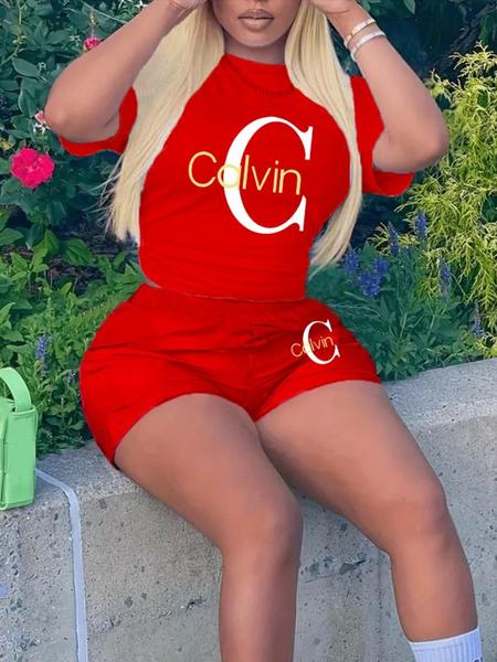 Fashionable Women's Heart Print Letter Pattern Knitwear Set, Regular Length Fitted Tops, Thin Fabric Short Sleeve T-Shirt and Shorts, All Seasons Casual