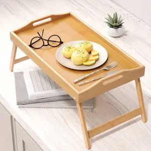 1pc Bamboo Laptop Bed Tray With Foldable Legs, Portable Snack Desk For Bed & Sofa, Stable Smooth Surface, Ideal For Working, Reading & Eating At Home, Practical Household Lazy Serving Table