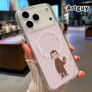 Magnetic Phone case for iPhone 17 16  Pro Max Plus 15 14 13 12 11 Air E Monkey with Cookie Striped - Monkey Scene Cookie - loving Primate Pattern Non-Yellowing Shockproof Soft Silicone Transparent Acrylic Large Hole Cover Supports Wireless Charging