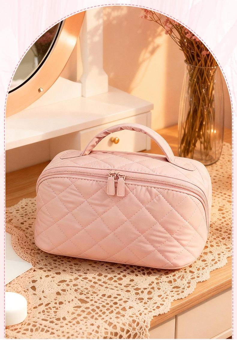 Travel Makeup Bag for Women - 180° Lay-Flat Large Puffy Cosmetic Organizer with 5 Compartments, Machine Washable Puff Bag, Ideal Gift for Her