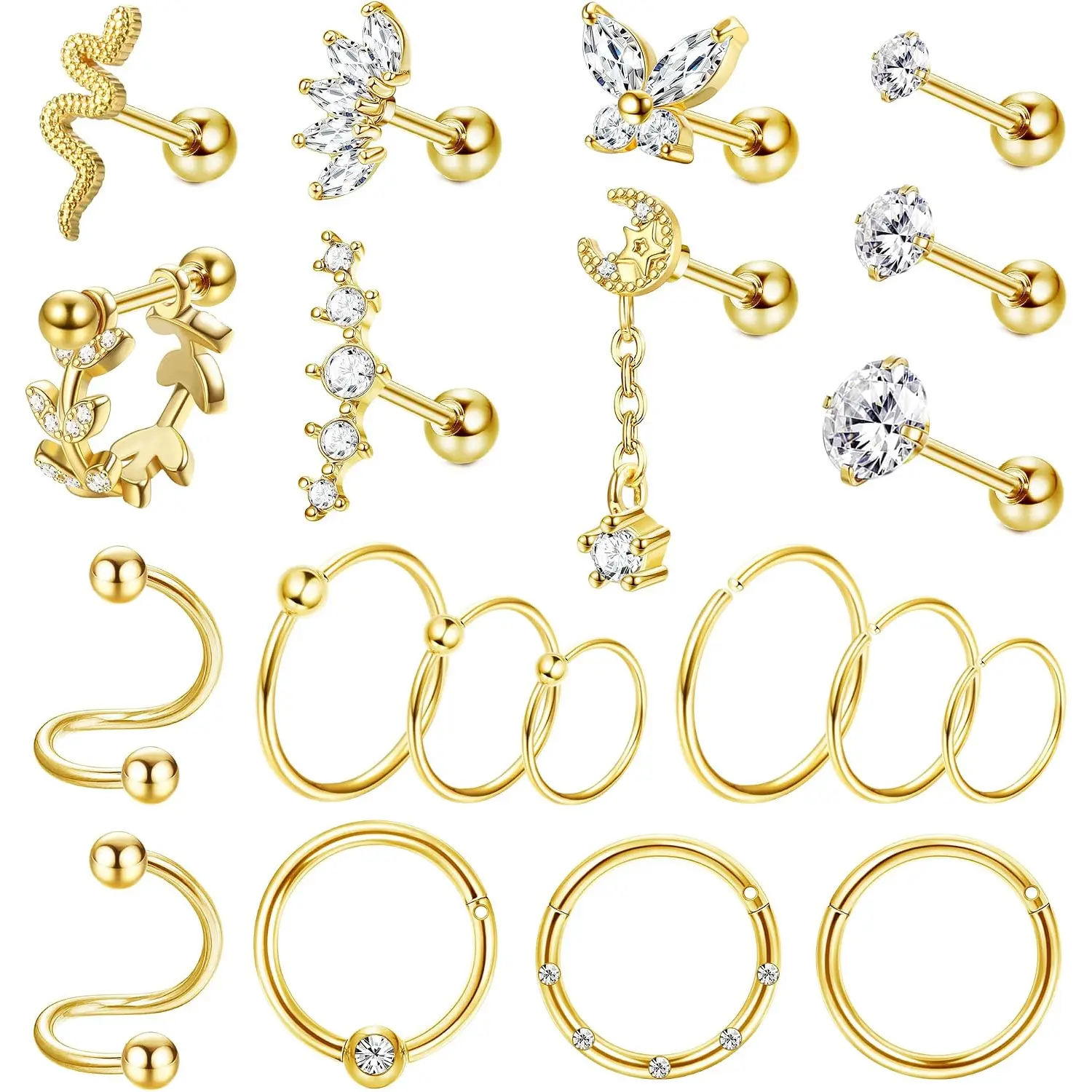 Unisex 20 Pcs 16G Stainless Steel Cartilage Stud Earrings - Snake, Butterfly Designs, Screw Back for Helix, Tragus, Conch Piercings, Casual Daily Wear Costume Jewelry