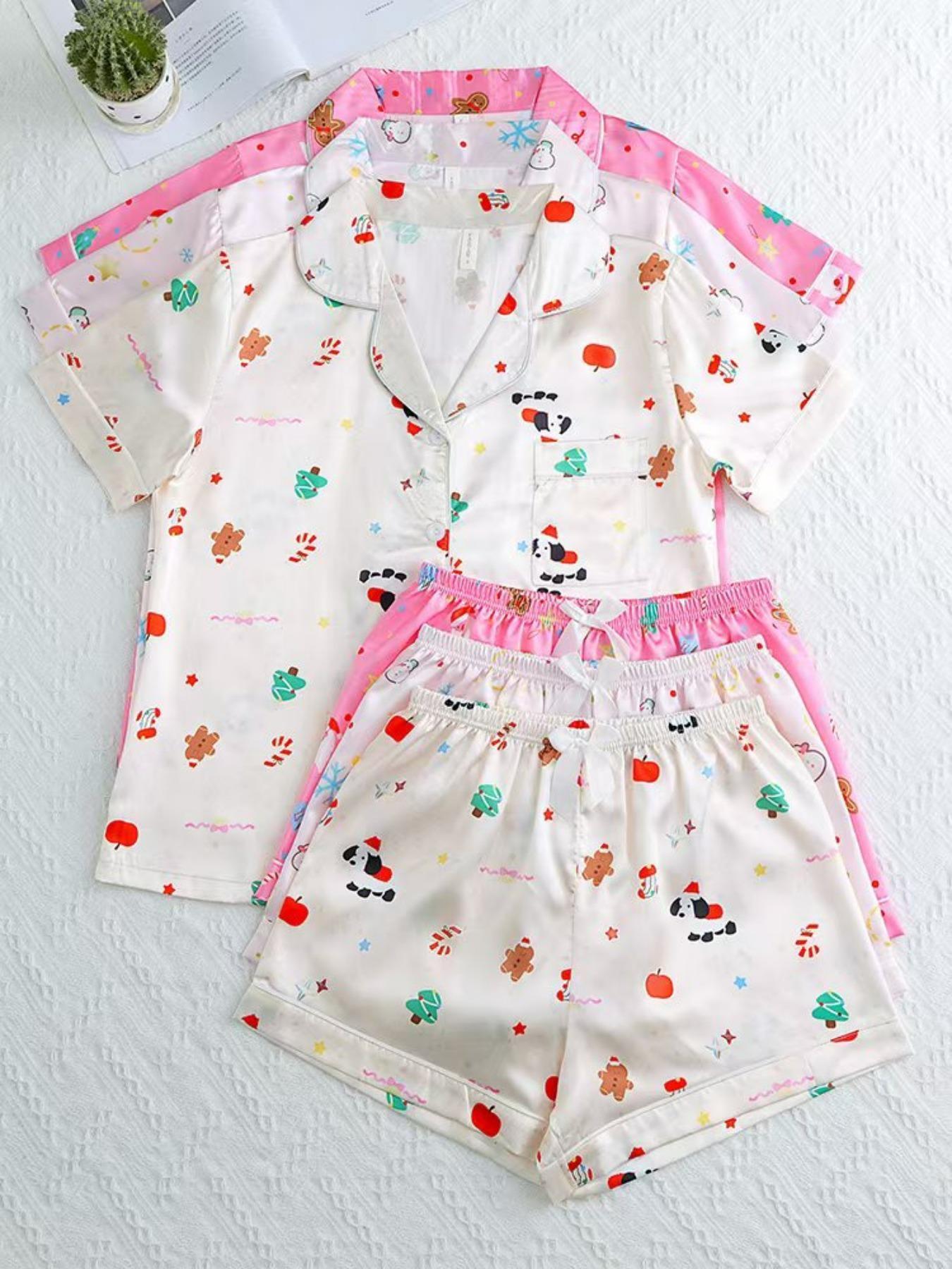 Women's Pyjama Set, Comfort PJ Set for Homewear, Short Sleeve Button Shirt & Elastic Waist Shorts, Women's Sleepwear for Summer, Loungewear, Pajama Set