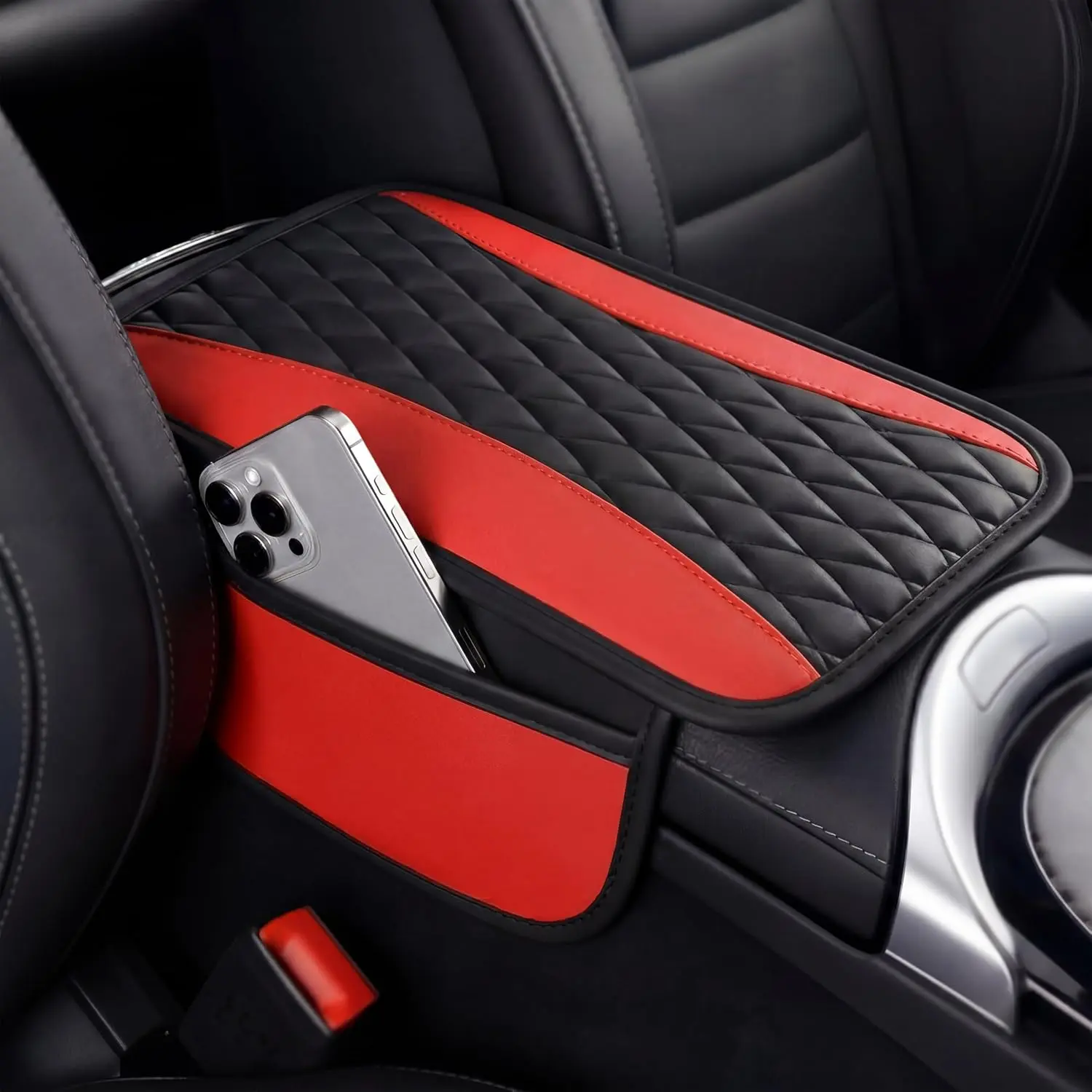 Patchwork  Center Console Armrest Cover-Upgraded Side Storage Pocket,Red | Compact  Interior Accessories,Middle Console Cushion Pad, Protector for Hand Rest, Leather,Scratch Resistant