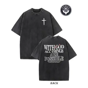 Vintage Washed 230gsm Heavyweight Graphic Tee for Men, “With God All Things Possible” Cross Print, Oversized Streetwear Faith T-Shirt