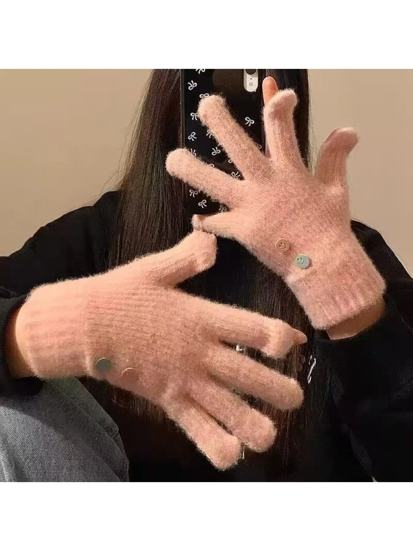 Touchscreen warm gloves for women, winter student cute Korean-style knitted gloves, thickened plush cold-proof riding gloves