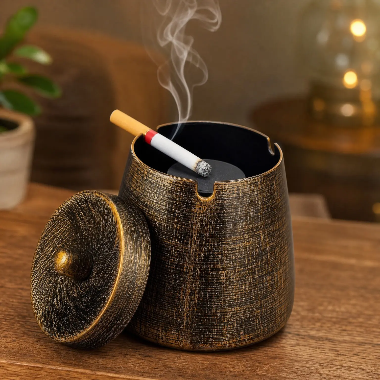 Smokeless Metal Ashtray with Lid, 3 Cigarette Holders, Outdoor Patio & Indoor Smoking Accessories, Home Décor, Bronze, SmallGift