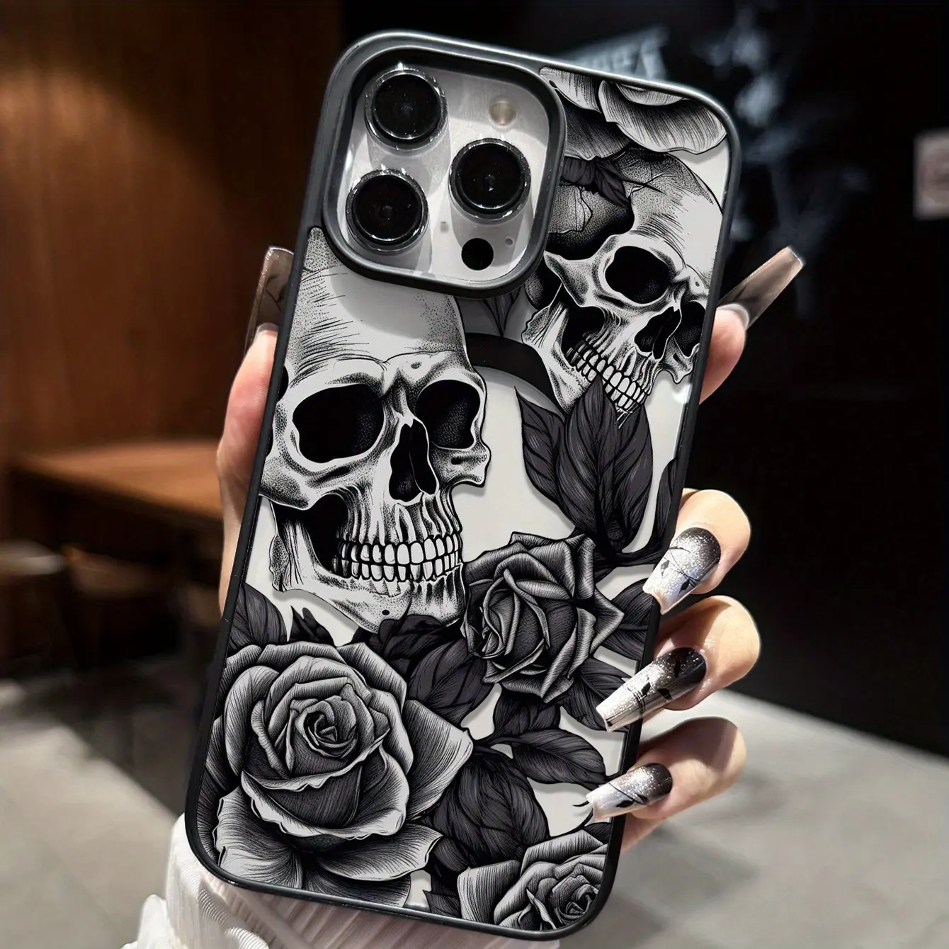 Monochrome Skull Rose Engraving Phone Case, Gothic Tattoo Art Full Coverage for iPhone 17 16 15 14 13 12 11 X Plus Pro Max, Alt Girl Gift