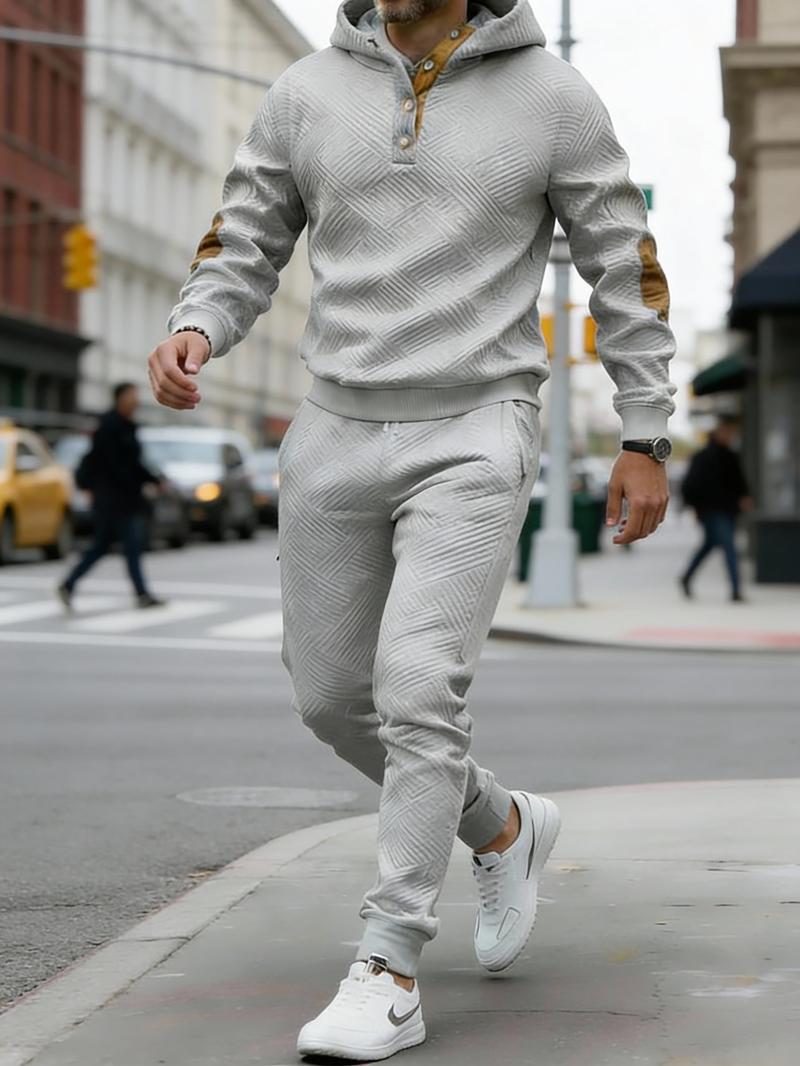 Vintage Style Men's 2-Piece Loungewear Set - Textured Fabric Hoodie with Button Placket & Contrast Details Casual Beige