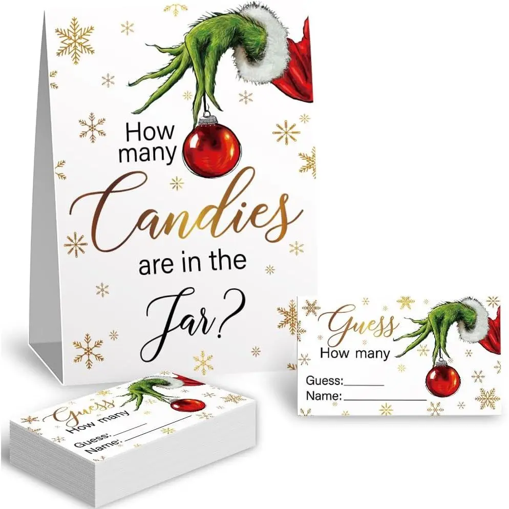 How Many Christmas Candies Christmas Theme Party  Raffle Cards Kits (1 Standing Sign + 50 Guessing Cards), Green Hand Snowflake Decorations Christmas Party Card Kit  Activities Party Card