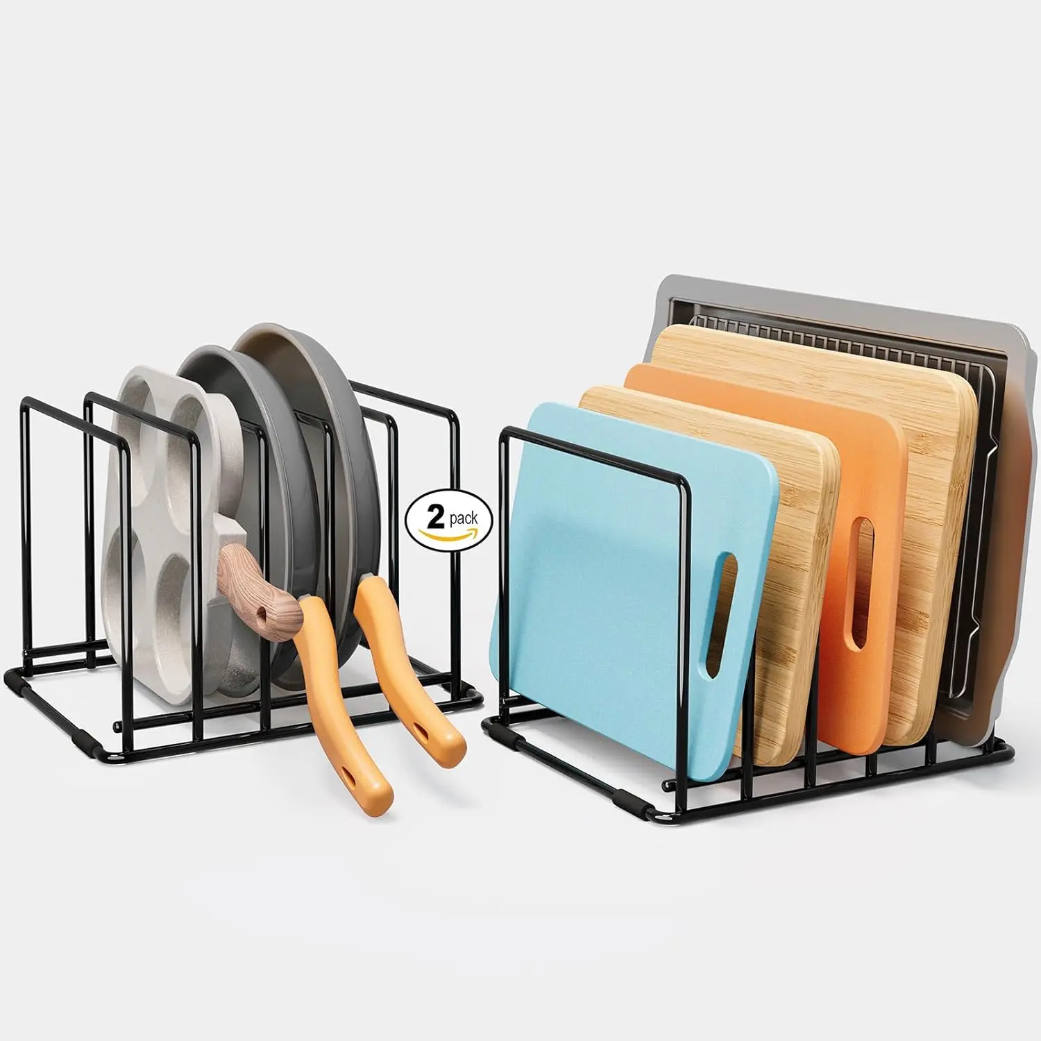 2-Pack Steel Cutting Board Organizers - 5-Slot Rustproof Functional Rack for Cutting Boards, Baking Trays, Thin Pans - Compact Kitchen Storage Solution