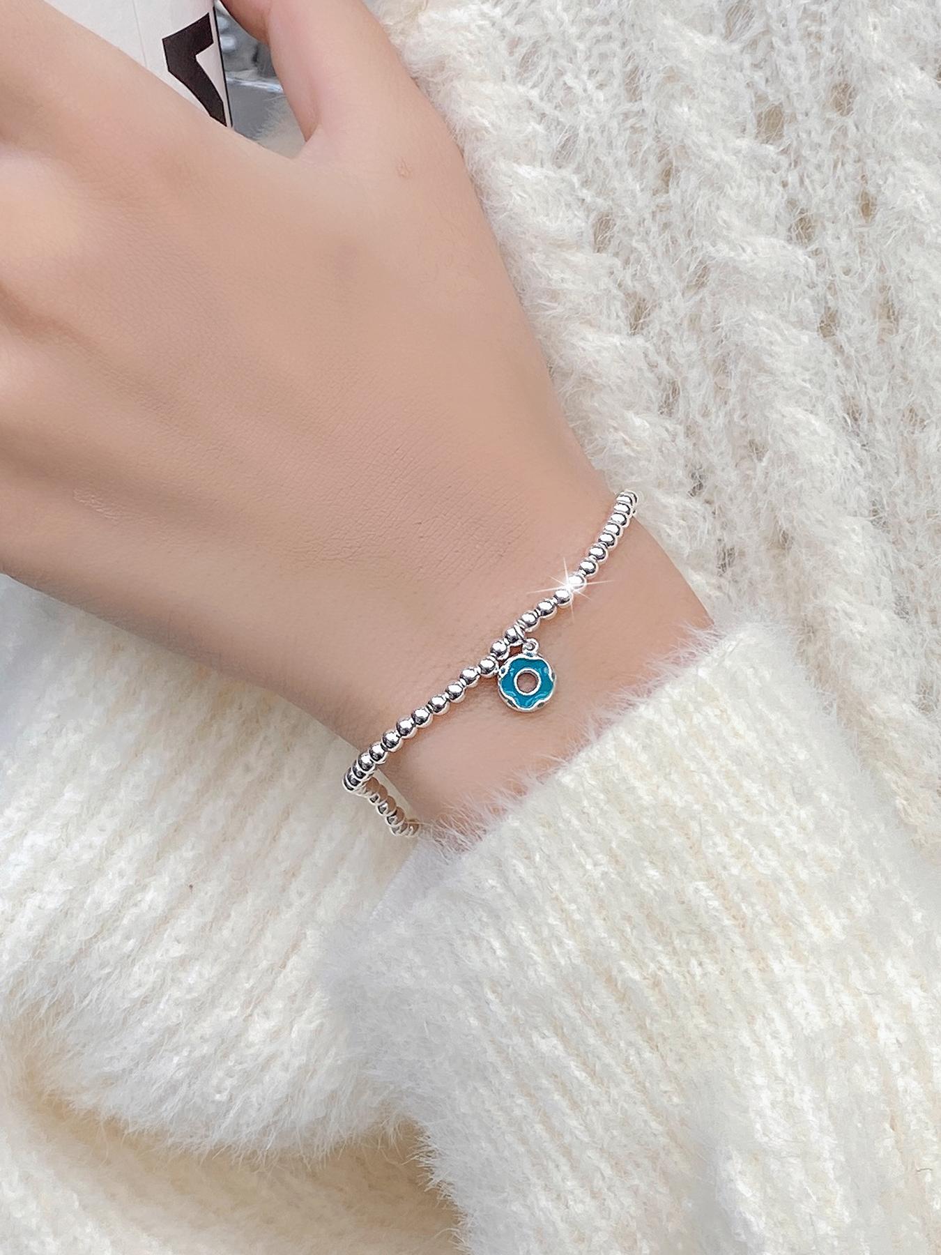 S925 Sterling Silver Cute Donut Design Beaded Bracelet with Pendant, Fashionable Jewelry for Women & Girls, Trendy All-match & Exquisite Jewelry for Birthday Gift