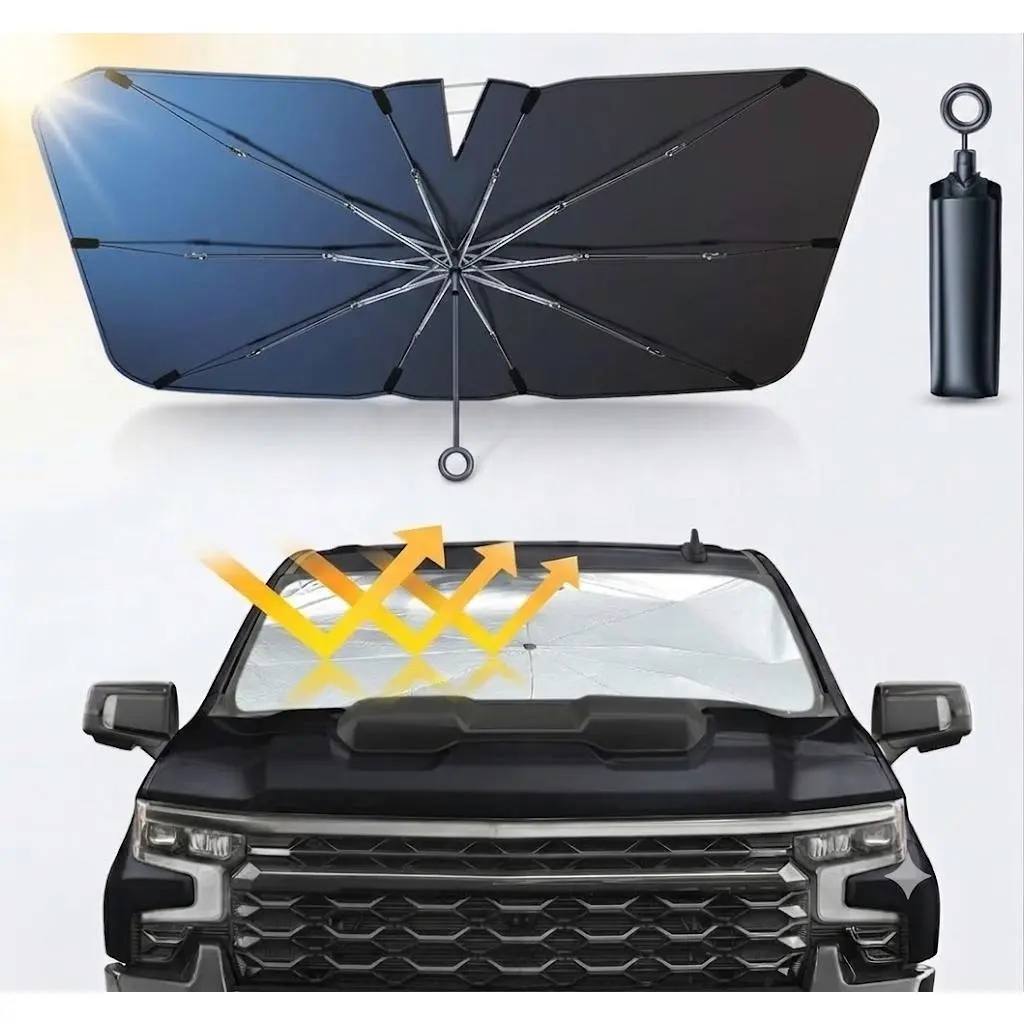 Windshield Sun Shade Umbrella for Car| Foldable Car Sunshade with Rearview Mirror Cutout| UV & Heat Protection Front Window Sun Shield, Keeps Interior Cool (55" x 31")