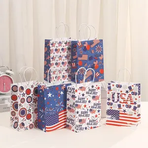 12/24 Pack 250th Anniversary Patriotic Paper Gift Bags with Handles, Red White Blue Vintage Independence Day Gift Pouches, Party Favor Supplies for Memorial & National Holiday Celebrations