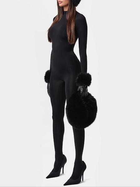 Women's Cute Plush Patchwork Bodysuit, High Neck Warm Skin-Friendly Tight Fit Jumpsuit, Casual Winter Wear, Long Sleeve One-Piece